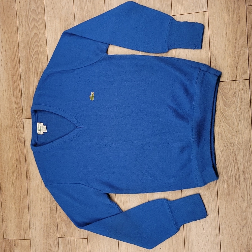 LACOSTE Gator Blue Weave Orlon Acrylic V Neck Medium Mens Sweater VTG USA‎